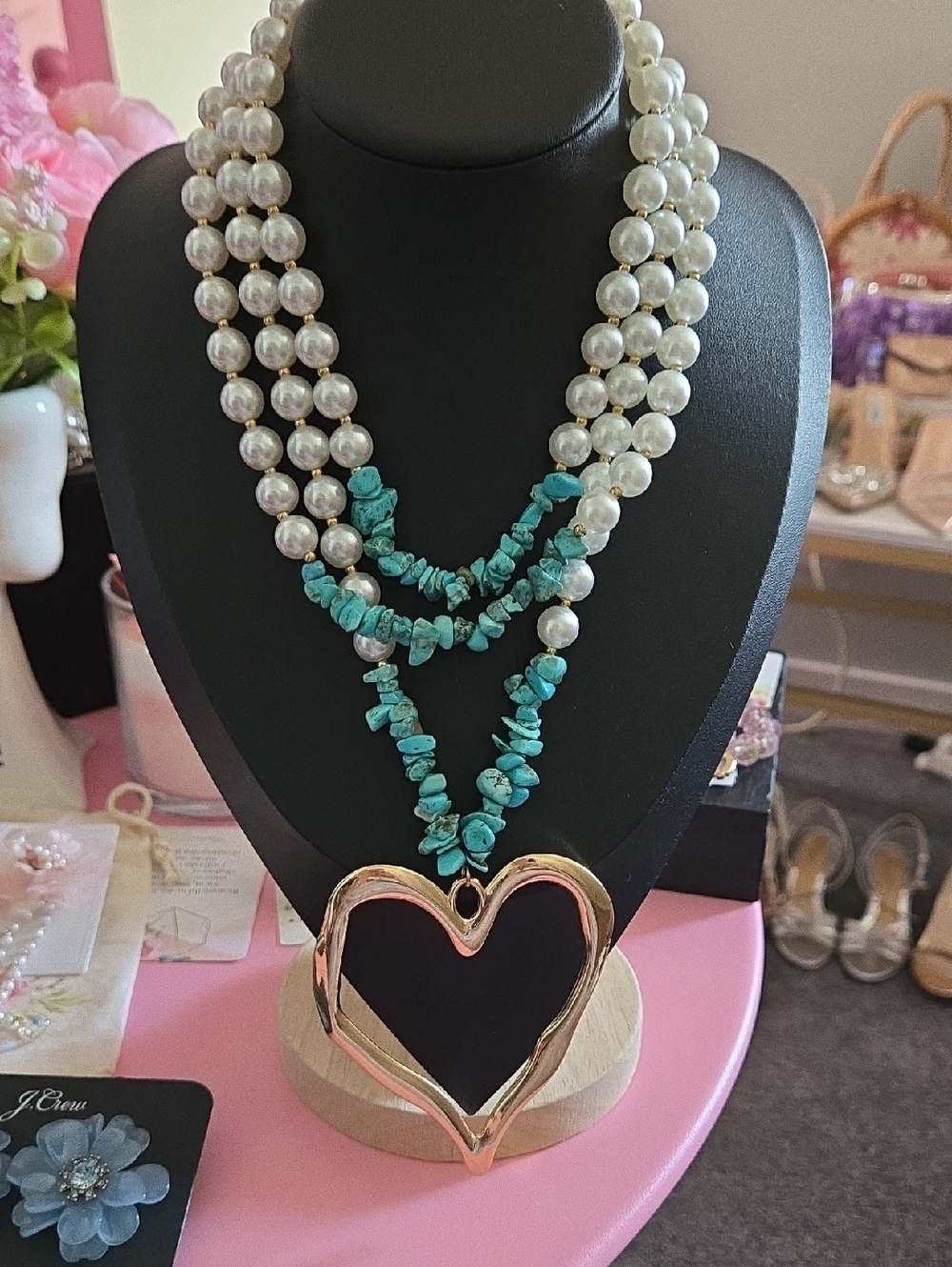 Elegant Pearl & Turquoise Layered Necklace with Gold Heart Pendant